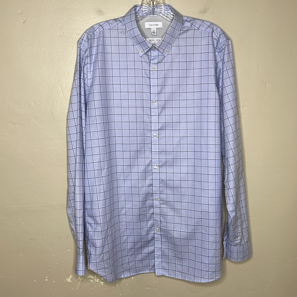 CALVIN KLEIN Button Down Shirt Blue & White Windowpane INFINATE Slim Fit Medium